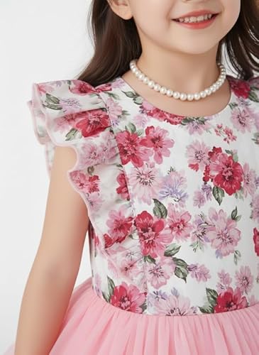 KIYOL Girls Floral Print Layered Party Dress with Ruffle Sleeves and Round Neckline | Elegant Net Fabric Flared Gown for Festive and Special Occasions (Ocean-Pink-2-3 Y)