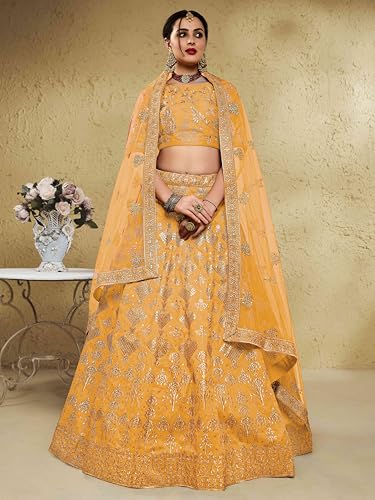 Zeel Clothing Women's Thread Sequins Embroidery Silk Bridal New Lehenga Choli with Dupatta (7055-Yellow-Wedding-Bridal-Stylish-Latest; Free Size)