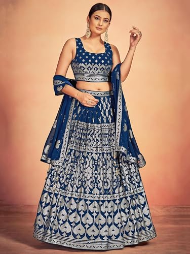 Zeel Clothing Sequins Thread Embroidered Work Pure Georgette Lehenga Choli With Dupatta (5117-Blue-Women-Lehenga-Choli-New; Free Size)