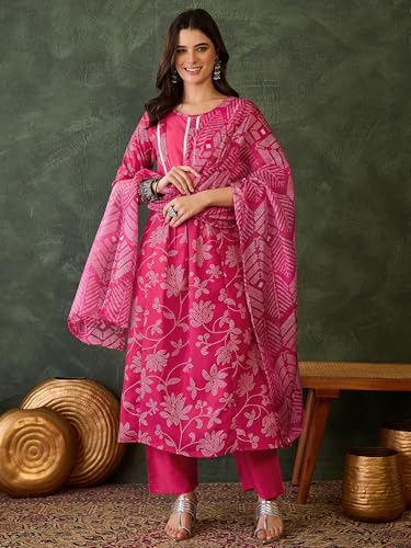 VARNI FABRIC Rayon Kurta Set for Women |Full Sleeves Floral Printed A-Line Kurta Set | Woman Salwar Suit with Pant & Dupatta | Festive Wedding Ethnic Wear | Prefect for Office Summer | Rani | 3XL