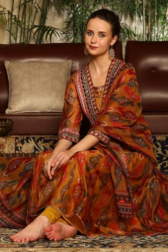 W for Woman Mustard Yellow Ikkat Printed Embellished Organza Anarkali Kurta, Churidar and Dupatta Set (Size: S)-24AUWS11507-124574