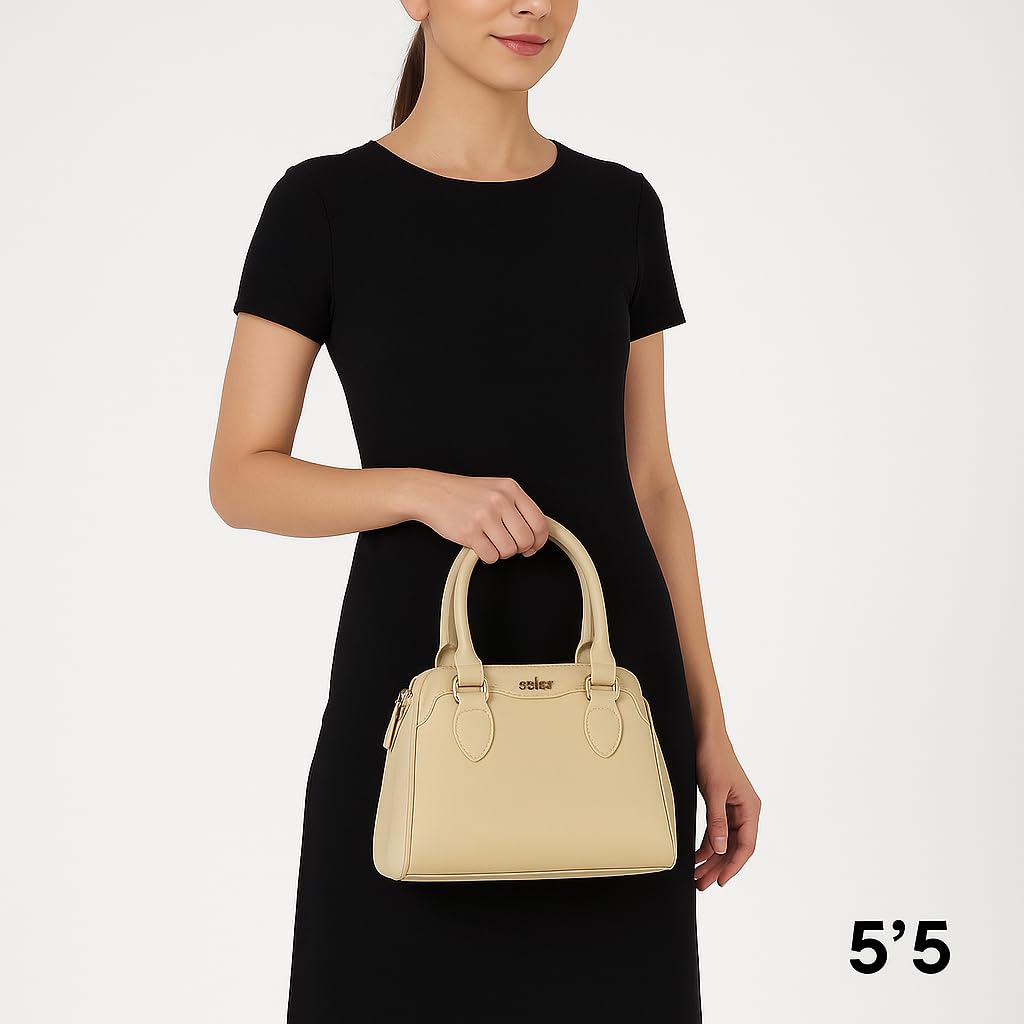 eske Benito Vegan Leather Handbag, Dual Compartment, Magnetic Snap Closure, Textured Saffiano Finish (Stone)