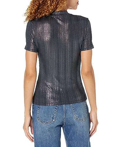 GUESS Women Blue Embellished High Neck Short Sleeves Top