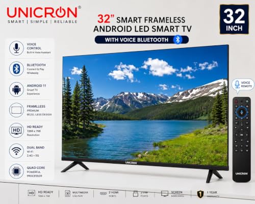 UNICRON 32 Inch Frameless Smart LED TV | Voice Control Android Smart TV | Bluetooth, WiFi, Screen Mirroring | HD Ready Display | HDMI, USB Connectivity | Smart Television for Home | Premium A+