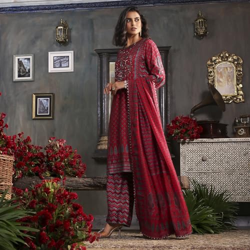 Biba Women Red Viscose Straight Printed Kurta Set_42