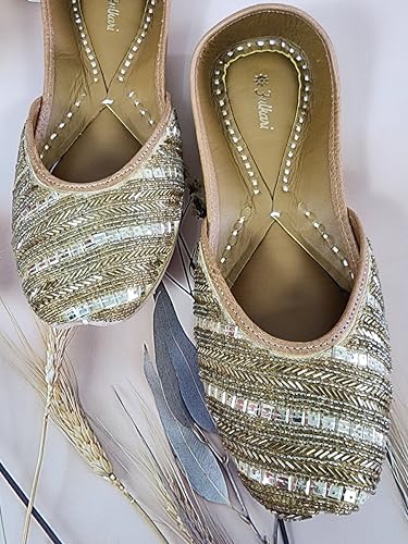 Fulkari Women's Celosia Skin Gold Soft Leather Embroidered Jutis | Bite and Pinch Free Jutti | Punjabi Formal Juttis | Girl's Wedding Flat Ladies Mojari | Formal Ethnic Juti | 36