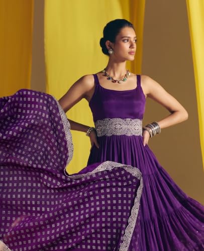 Women's Purple Silk Blend Anarkali Kurta Set With Dupatta