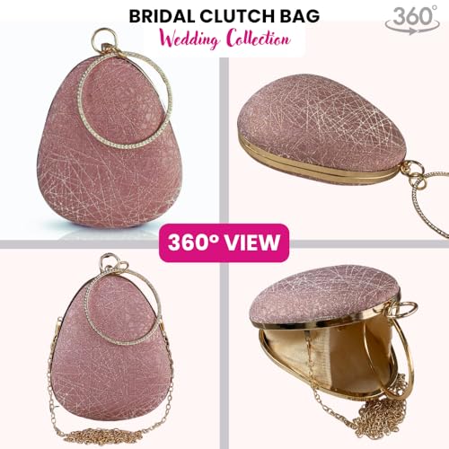 SLARA Clutch Purse for Women, Elegant Teardrop Design with Crystal Trim, Perfect for Bridal, Wedding, and Formal Events (Rose Gold)