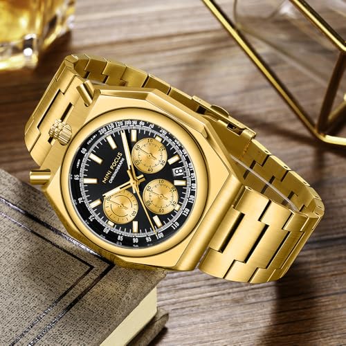 MF MINI FOCUS Unique Dress Men Watches (Chronograph/Waterproof/Luminous/Calendar) Big Face Stainless Steel Band Watches for Men, Black_Golden