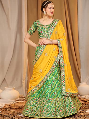 leeza store Women's Bollywood Style Silk Blend Bandhani Printed Zari And Sequins Embroidery Work Lehenga Choli With Dupatta