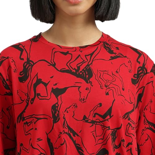 United Colors of Benetton Round Neck Animal Print Dress - (Size:S) - 26P3SOCPT735I902 Red