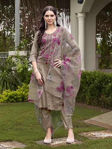 Womanista Women's Beige Color Cotton Blend Multi Embroidered Kurta Set With Printed Organza Dupatta(Kurtaset_1340_XL)