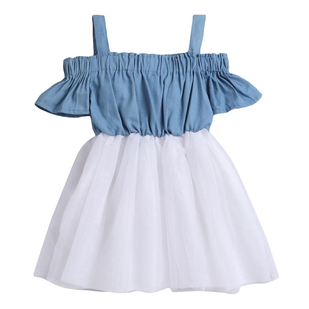Hopscotch Girls Cotton Solid Cold-Shoulder Sleeves A-line Casual Dresses In Blue Color For Ages 4-5 Years (EWE-3113585)