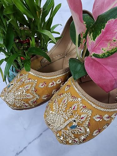 Fulkari Women's Mayur Velvet Skin Gold Toned Soft Leather Embroidered Jutis | Bite and Pinch Free Jutti | Punjabi Formal Juttis | Girl's Wedding Flat Ladies Mojari | Formal Ethnic Juti | 41
