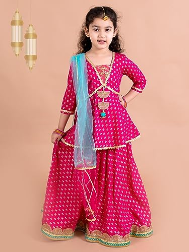 Pspeaches Cotton Girls Magenta Blue Printed Ready To Wear Readymade Lehenga Set (Pink-10-12Y), 10 Years-12 Years