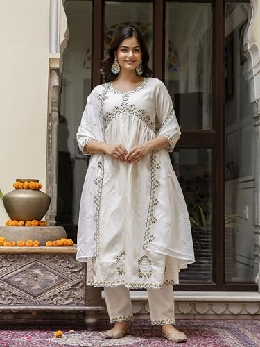 TRENDMALLS Women's Chanderi Silk Embroidery Salwar Suit Set Kurta Pant with Dupatta (G274-OffWhite-S-)