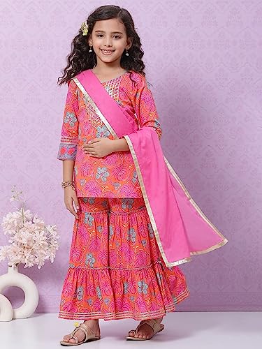 BIBA Girl Cotton Printed Relaxed Kid(Kw4783_Orange_5), Straight Kurta Garara Suit Set