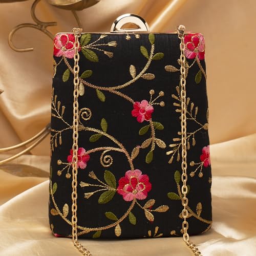 Artklim Black Based Pink Floral Embroidery Clutch Bag for Women