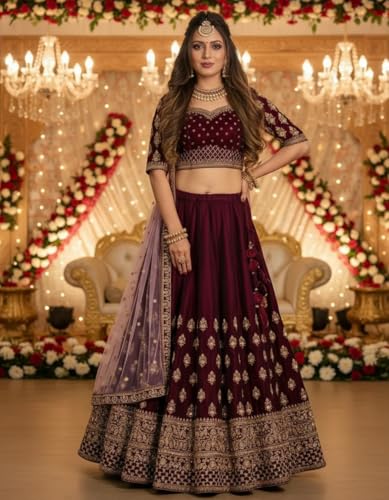 Gopkanya enterprise Women's Designer Silk Maroon Lehenga Choli Set with Heavy Gold Zari Embroidery - Readymade & Ready to Wear Bridal Lehenga for Weddings, Engagements, and Festive Receptions