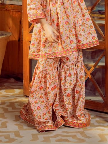 Naixa Girls Orange Rayon Round Neck 3/4 Sleeve Floral Printed Flared-Fit Kurta and Sharara with Dupatta Set | latest Floral Designer Printed Salwar Suits Set With Dupatta for Girls (SE40_5-6 Year)