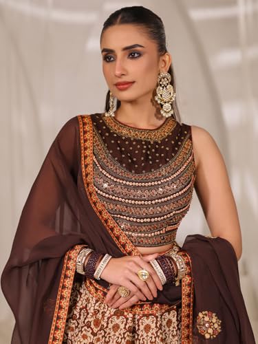 Woman's Printed brown raw silk lehenga choli