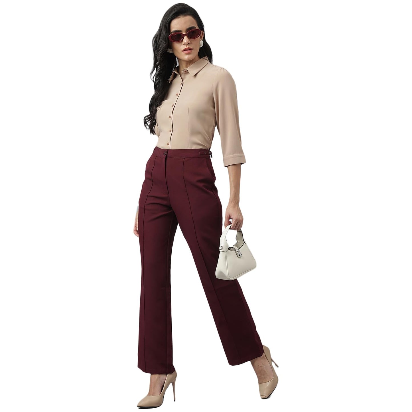 Latin Quarters Women's Maroon Solid Straight High Rise Formal Trouser_L