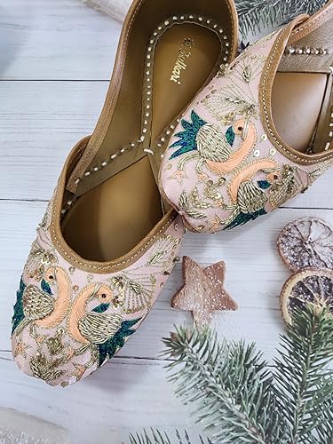 Fulkari Women's Peacock Peach Gold Soft Leather Embroidered Jutis | Bite and Pinch Free Jutti | Punjabi Formal Juttis | Girl's Wedding Flat Mojari | Formal Ethnic Juti | 36