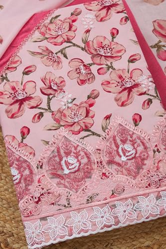 Soch Womens Pink Rayon Floral Print Unstitch Dress Material With Thread Work