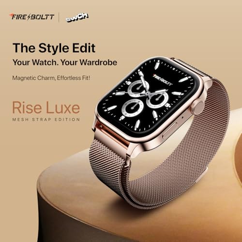Fire-Boltt Rise Luxe Smart Watch, 1.85" HD Display, Metal Body with Bluetooth Calling, Rotating Crown, AI Voice Assistant, 120 Sports Modes, Neon UI, SpO2 & Heart Rate Monitoring (Rose Gold Mesh)