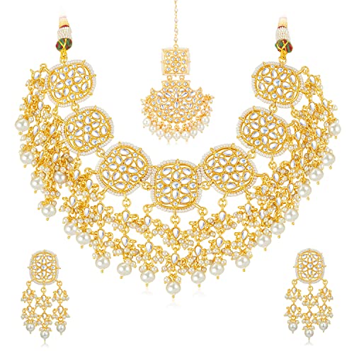 Sukkhi Sensational Gold Plated Kundan & Pearl Choker Necklace Set Worn By Karisma Kapoor (CBMIX100646)