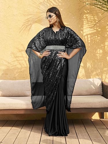 Womanista Women's Belted Satin Kaftan Black Saree With Un-stitched blouse