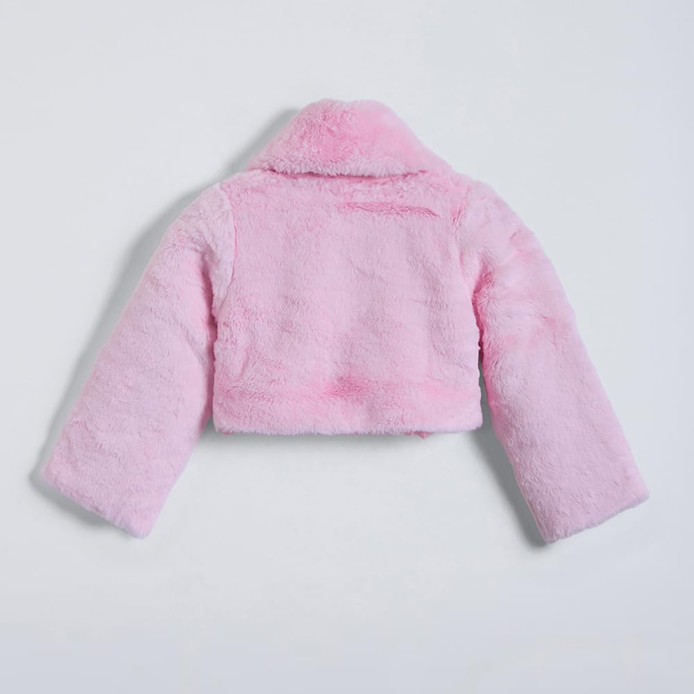 Hopscotch Girls Full Sleeves Pink Fur Pom Pom Embellished Jacket