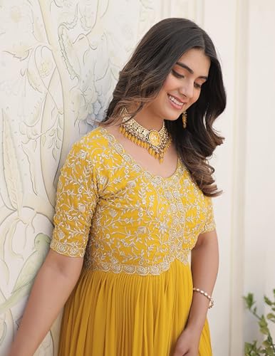 Fashion Basket Georgette Embroidered Anarkali Gown for Women Yellow