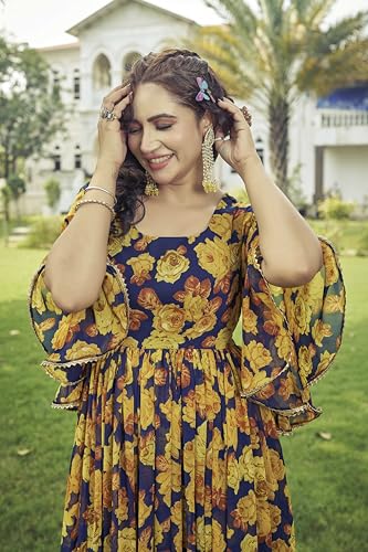 Samprag Georgette Gown for Women | Full Length | Printed | Fit & Flare | Flared & Bell Sleeves | Round Neck | Ethenic Dress | Ideal for Casual, Wedding & Party Occassions | Yellow | M