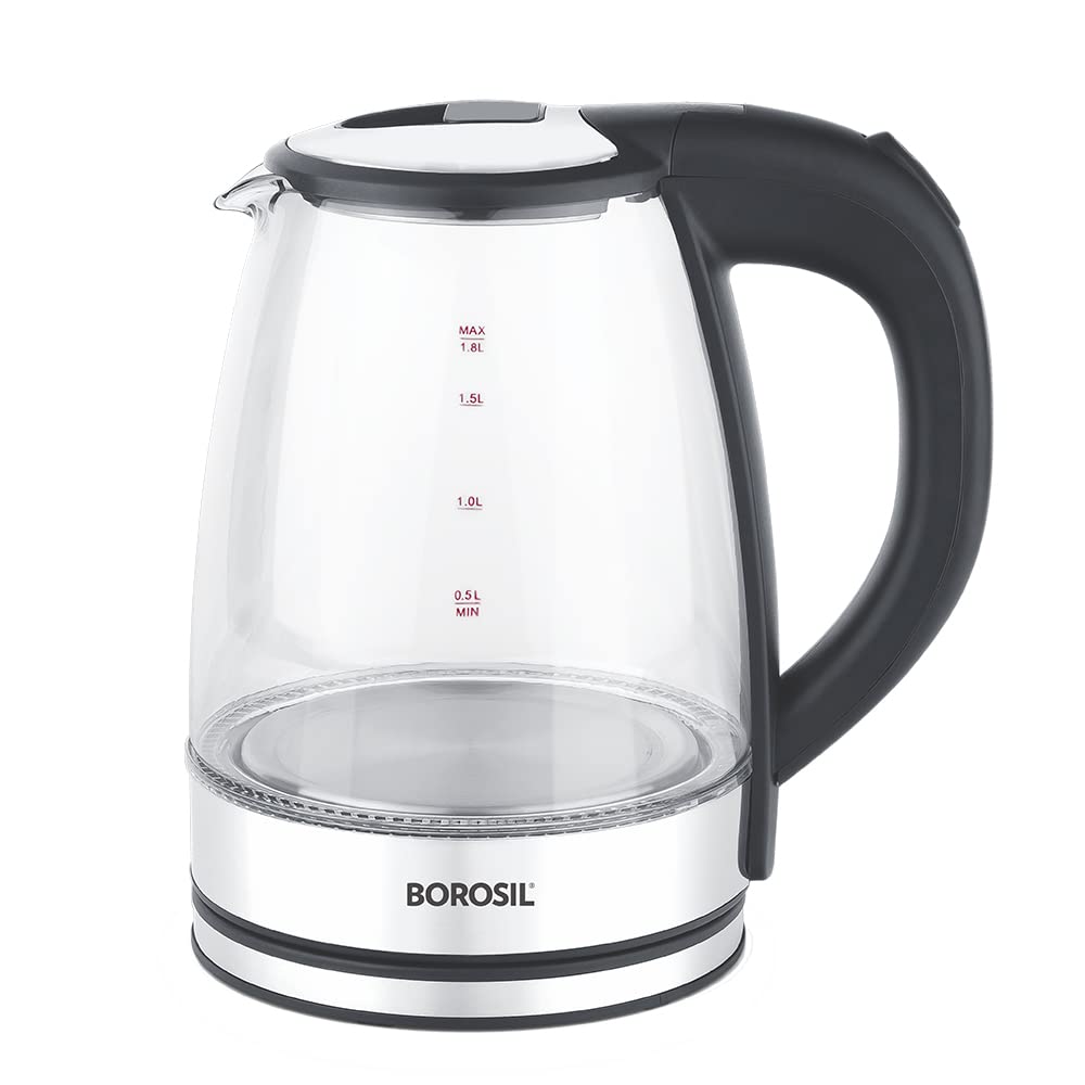 Borosil Electric Glass Kettle, Borosilicate Glass, Extra Long Cord, Dry-Boil Protection, 360° Rotating Base, 1.8 L, Transparent, 1500 Watts