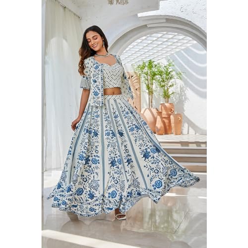 BIBA Women Cotton Straight Printed Lehenga Set (SKD9735SS24WHTBLU_White_XXL)
