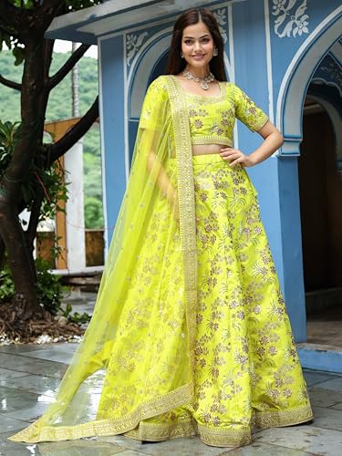 Zeel Clothing Art Silk Zari And Sequins Embroidered Art Silk Semi Stitched Lehenga Choli Set Women (7028-Neon-Wedding-Bridal-Designer-Latest-New; Free Size) (Neon), Green