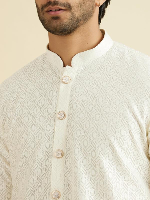 Manyavar Men's Art Silk Self Design Kurta Pyjama Set (Cream,S)