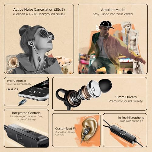 boAt BassHeads 122 ANC Wired in-Ear Earphones with 25dB Active Noise Cancellation, 13mm Drivers, Ambient Mode, Type-C Jack, in-Line Microphone, Snug Fit & Multi-OS Compatibility(Black)