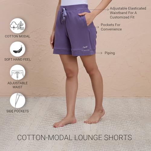 NYKD Buttery Soft Modal Cotton Shorts for Women with Clean Elasticated Waist, Satin Tie & Side Pockets – Comfortable Relaxed Fit, Model NYS928 Purple