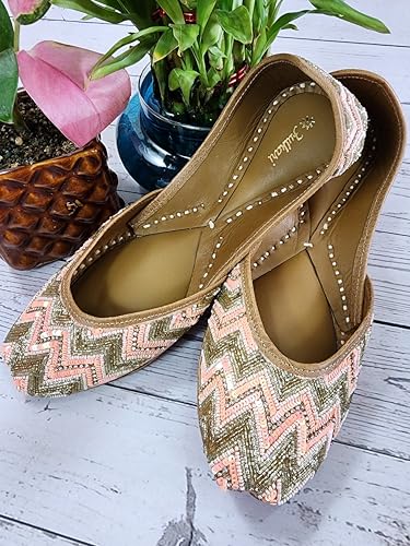 Fulkari Women's Zigzag Peach Gold Soft Leather Embroidered Jutis | Bite and Pinch Free Jutti | Punjabi Formal Juttis | Girl's Wedding Flat Mojari | Formal Ethnic Juti | 36