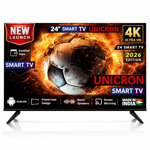 UNICRON 24”INCH Frameless HD Ready Android Smart LED TV | WiFi Enabled | Built-in Apps Compatible (YouTube, Netflix, Prime Video) | Screencast | HDMI, USB Connectivity | Black Screen