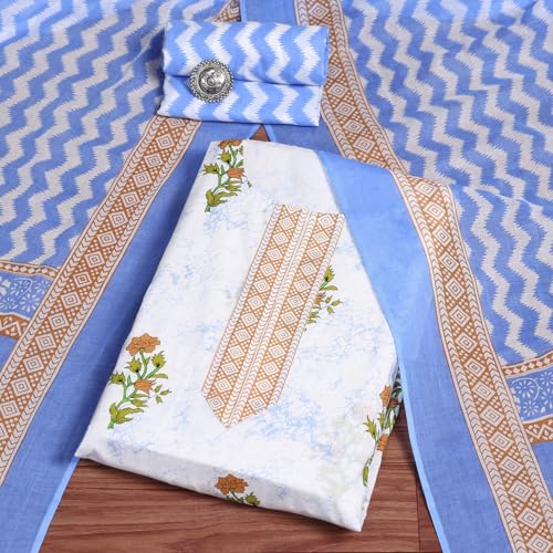 BIBA Women White Cotton Screen Print Unstitched Suit Set_FREE SIZE