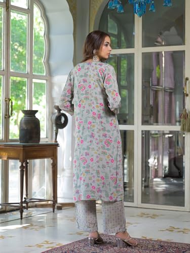 Divena Light Grey Floral Print Muslin Kurta Trouser with Dupatta