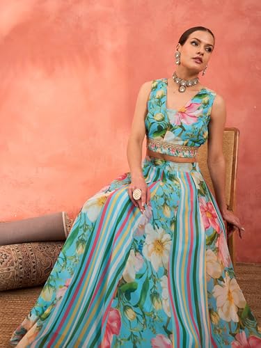 Shae by SASSAFRAS Women's Georgette Lehenga Choli (SHSET96357_Blue_XXL)