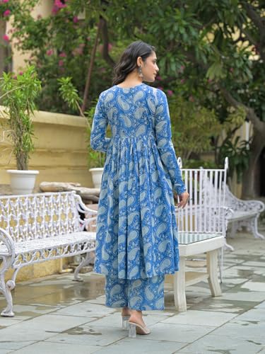 Divena Blue Cotton Paisley Printed Kurta Pant Set With Dupatta