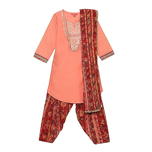 BIBA Girls Girl's Polyester Salwar Suit Set (KW5381AW23SLMORG_Orange