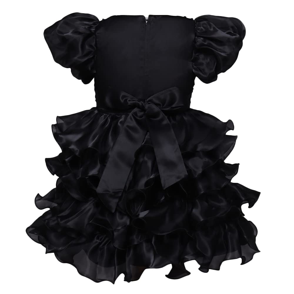 Hopscotch Girls Polyester and Viscose Puff Sleeve Sequin Embellished Party Dress in Black Color For Ages 4-5 Years (SRS-4068982)