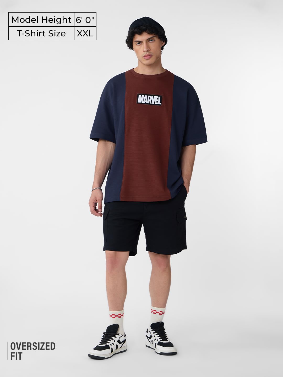 The Souled Store Marvel: Classic Logo Men and Boys Short Sleeves Round Neck Blue and Brown Embroidered Cotton Oversized T-Shirts