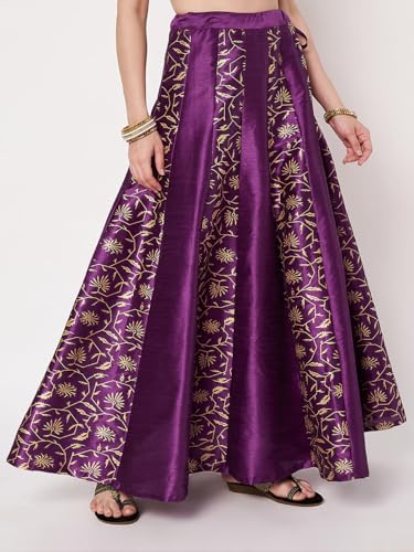 studio rasa Women's Dupion Block Printed Kalidaar Skirt for Wedding Festive Party(SKTC62509S_Purple_Small)